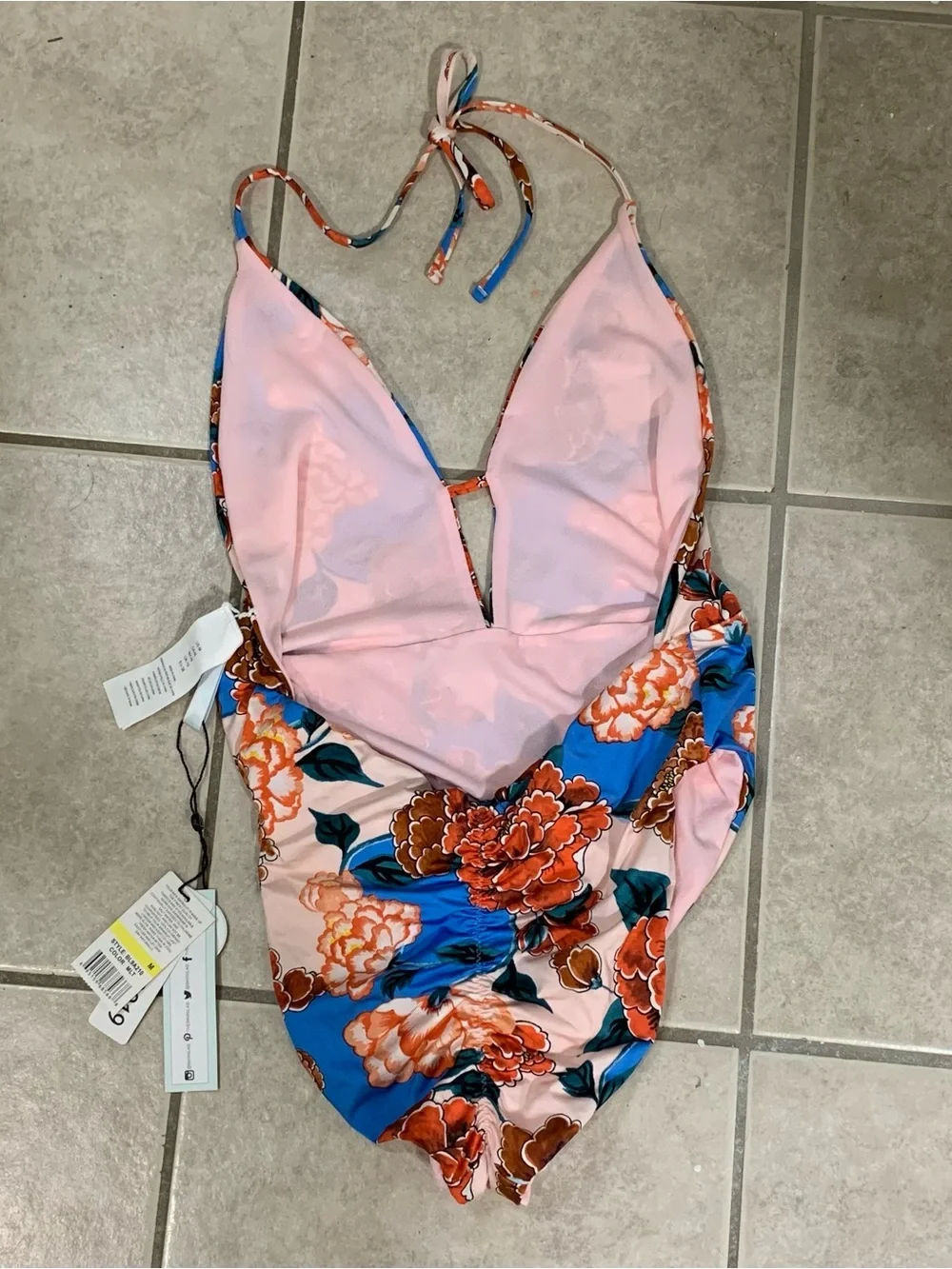 The Bikini Lab Floral Halter One-Piece Swimsuit - Pink, Blue & Brown